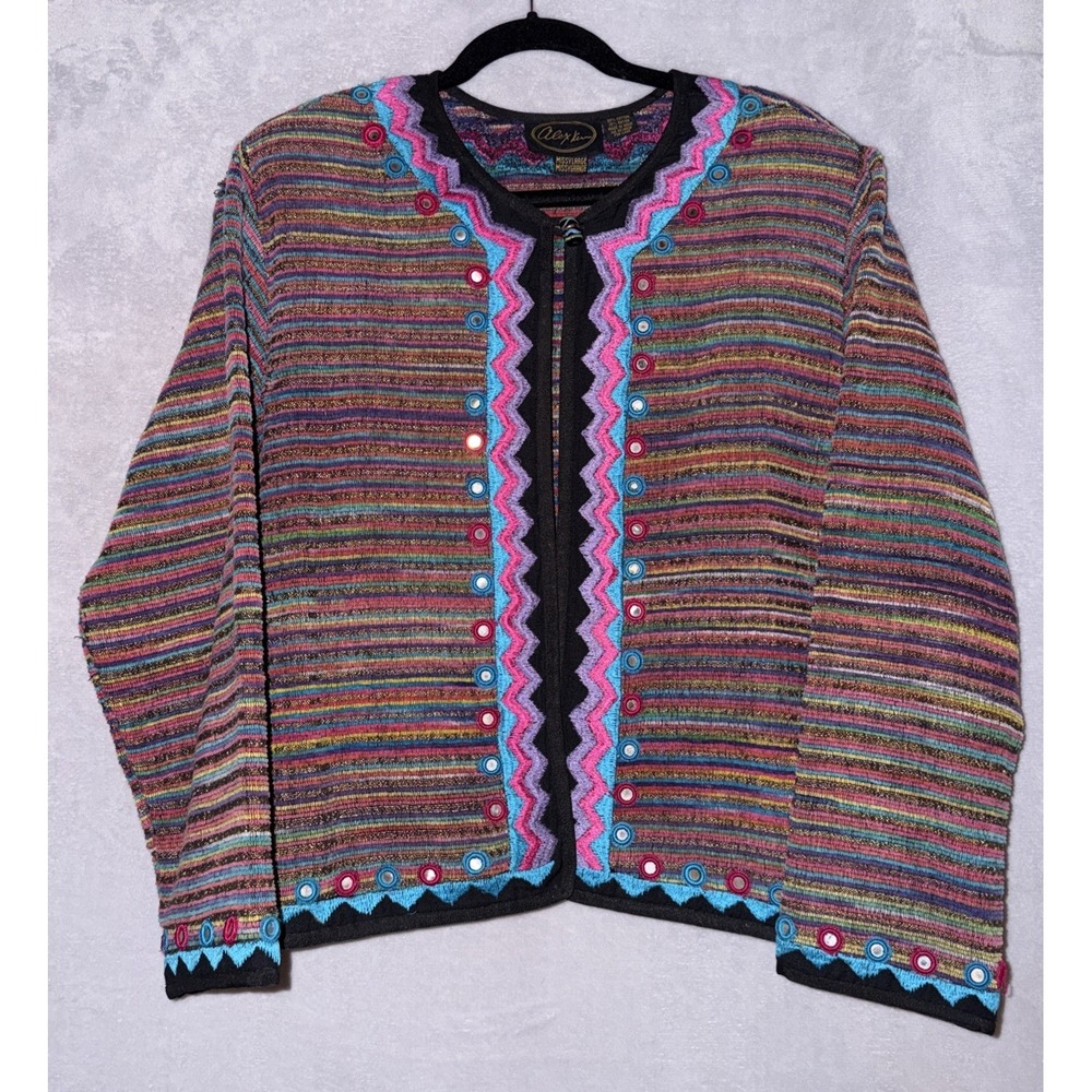 Vtg Alex Kim Missy L Embroidered Colorful Jacket Boho Art To Wear Mirror Buttons